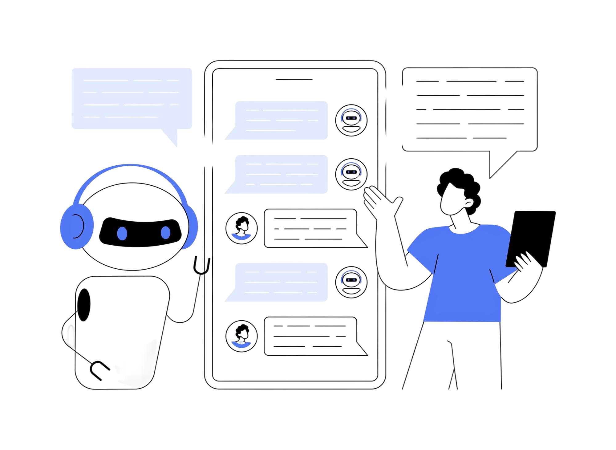 Cliente y mensajes en smartphone, conversaciones y atención digital
